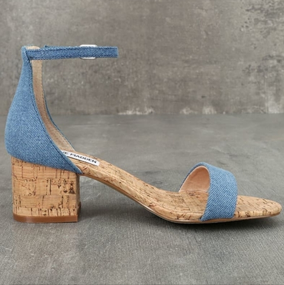 Steve Madden Irenee C Denim Cork Ankle Strap Heels Size 9.5 - Picture 1 of 8